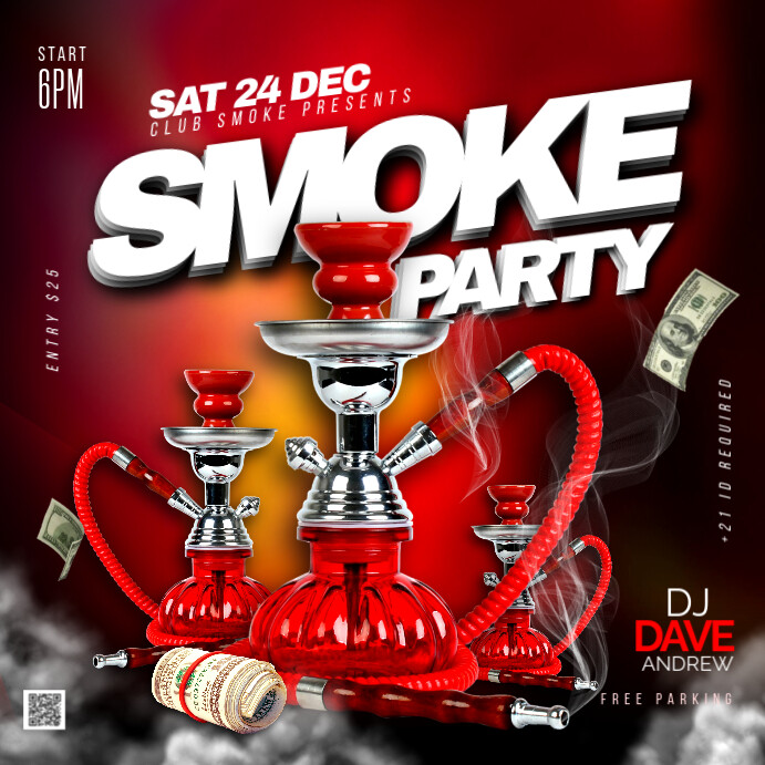 Red Maximalist 3D Hookah Sheesha lounge smoke party invitation flyer template for Instagram post