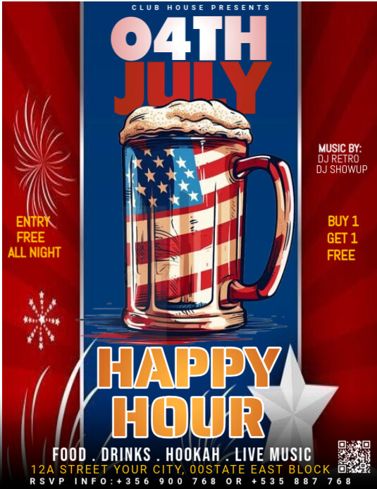 Red Maximalist 4th July Happy Hour Flyer (us Letter) Pamflet (VSA Brief) template