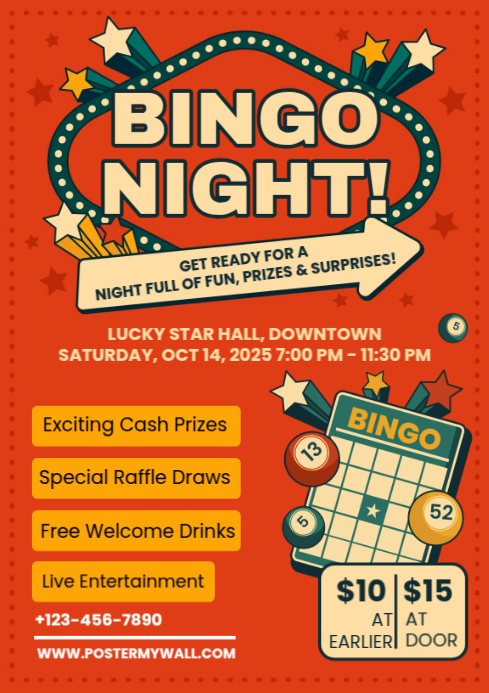 Red Maximalist Bingo Night Event Invitatio A4 template