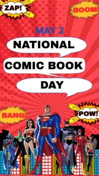 Red Maximalist black and white Illustrative free comic book day template Instagram Story