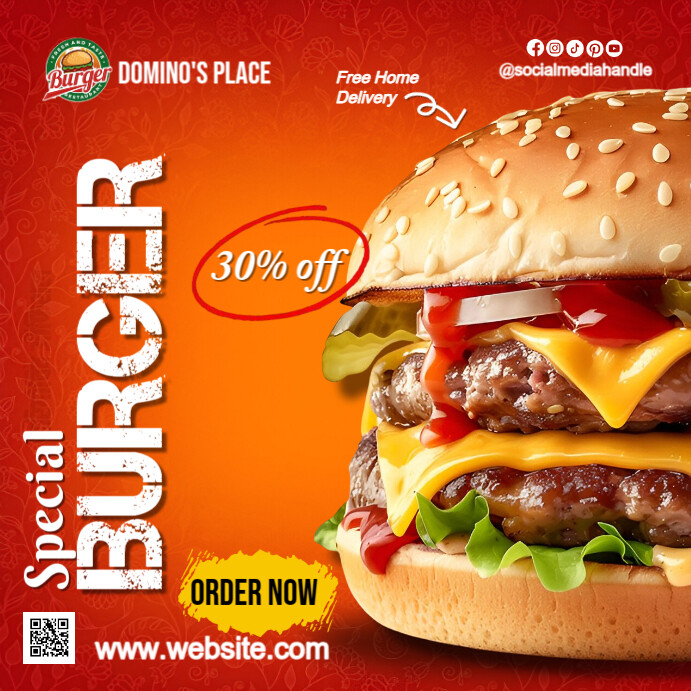 Red Maximalist Cheeseburger Ad Instagram Post Template | PosterMyWall