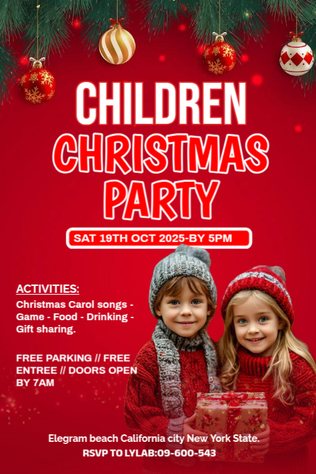 Red Maximalist Children Christmas Party Template Poster