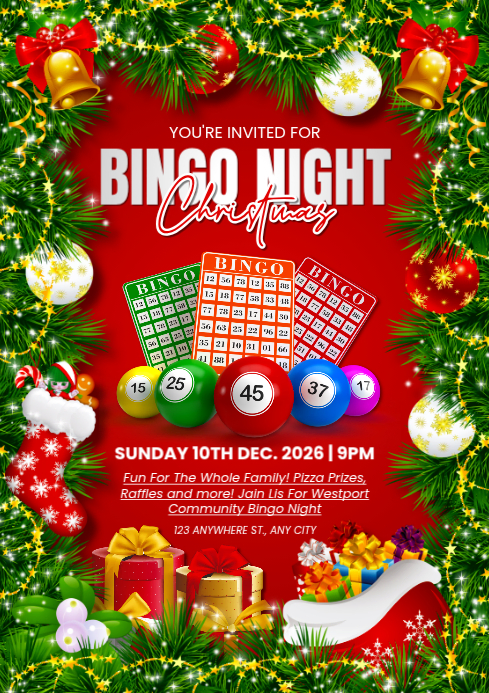 Red Maximalist Christmas Bingo Night Contest A4 Template | PosterMyWall