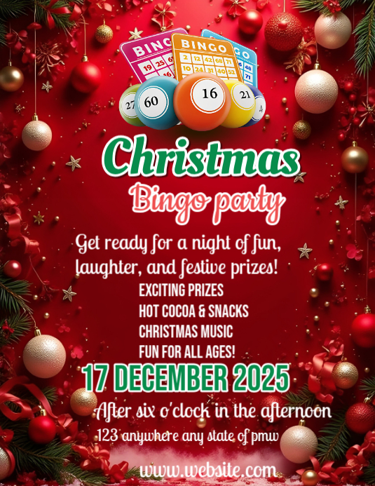 Plantilla de Red Maximalist Christmas Bingo Night Flyer Flyer (us ...