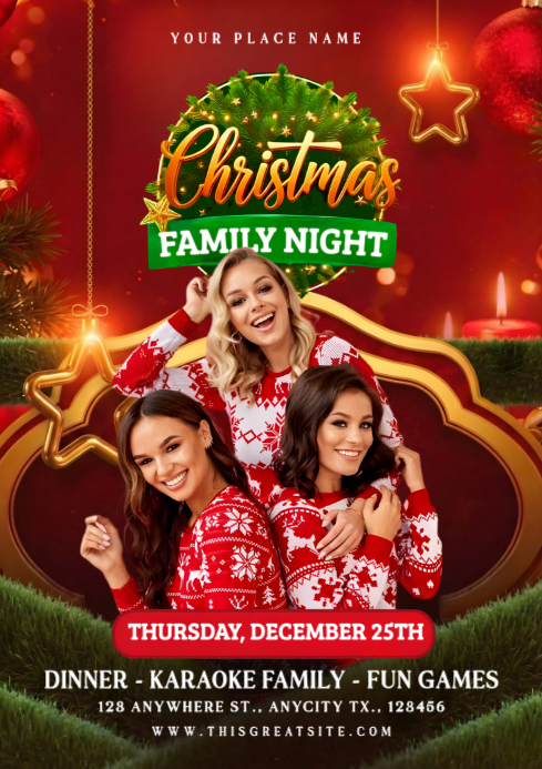 Red Maximalist Christmas Family Night Party A4 Template | PosterMyWall