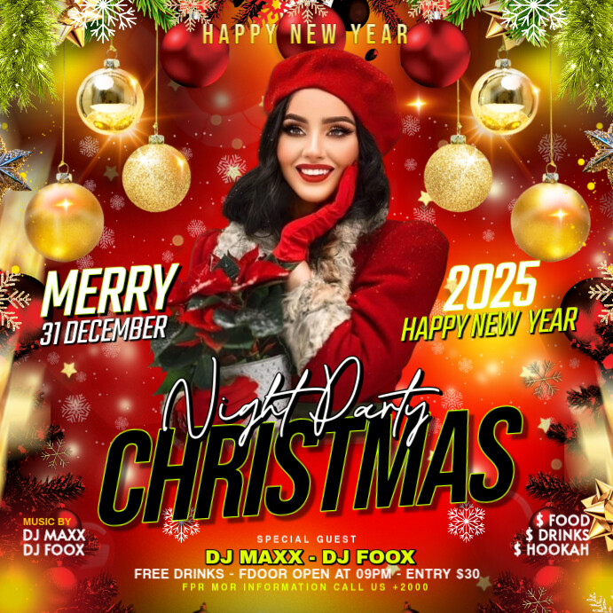 Red Maximalist Christmas Night Party Flyer Square (1:1) Template ...