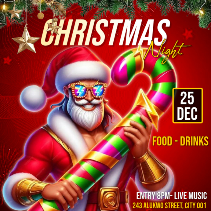 Red Maximalist Christmas Night Party Flyer With Santa Square (1:1 ...