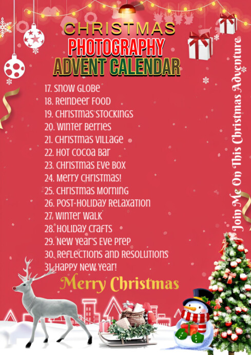 Red Maximalist Christmas Photography Advent Calendar Design  A2 template