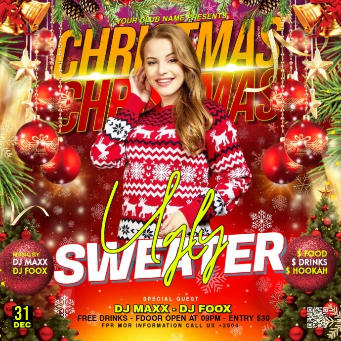 Red Maximalist Christmas Sweater Ugly Party Square (1:1) template