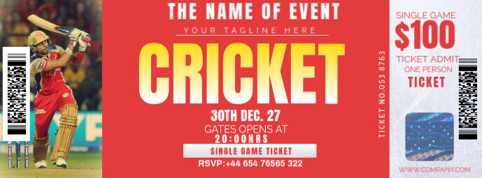 Red Maximalist Cricket Ticket Facebook Cover Photo Ikhava Yesithombe se-Facebook template