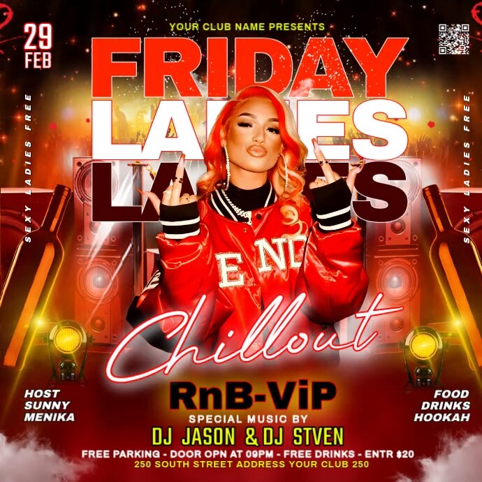 Red Maximalist Friday Ladies Party Flyer Instagram Post Template ...