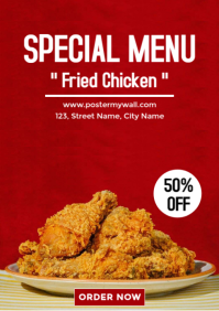 Red Maximalist Fried Chicken 50% Sale A3 template