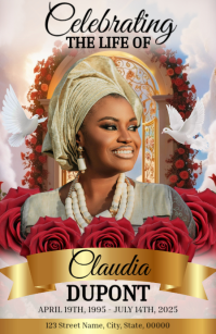 Red Maximalist Funeral Program Half Page Wide Media Página Ancho template