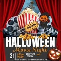 Red Maximalist Halloween Movie Night Video Invite Square (1:1) template
