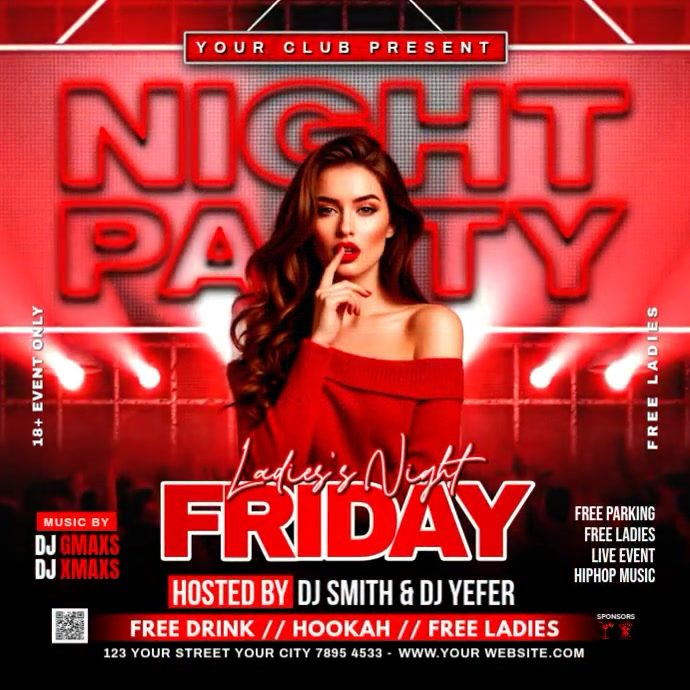Red Maximalist Ladies Night Club Party Square (1:1) Template | PosterMyWall