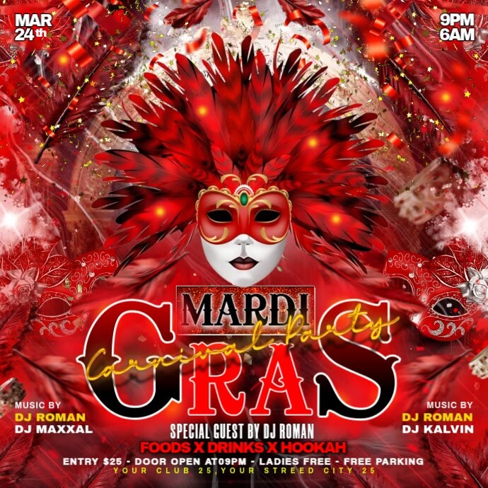 Red Maximalist Mardi Gras Celebration Party Flyer Instagram Post template