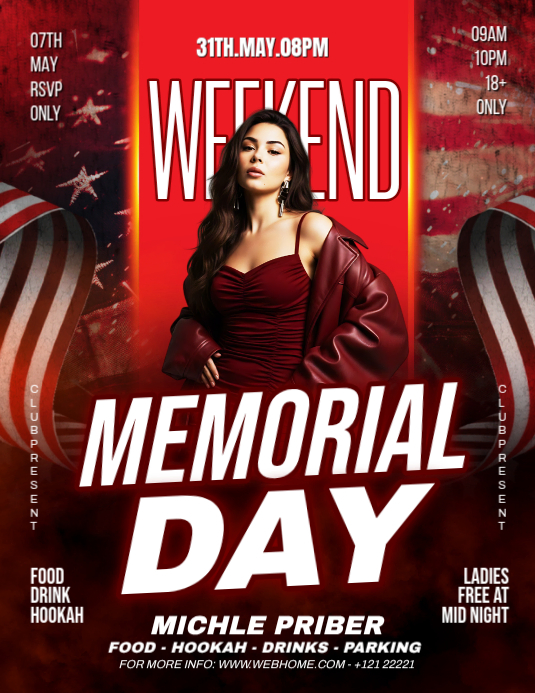 Red maximalist memorial day weekend party flyer Template | PosterMyWall