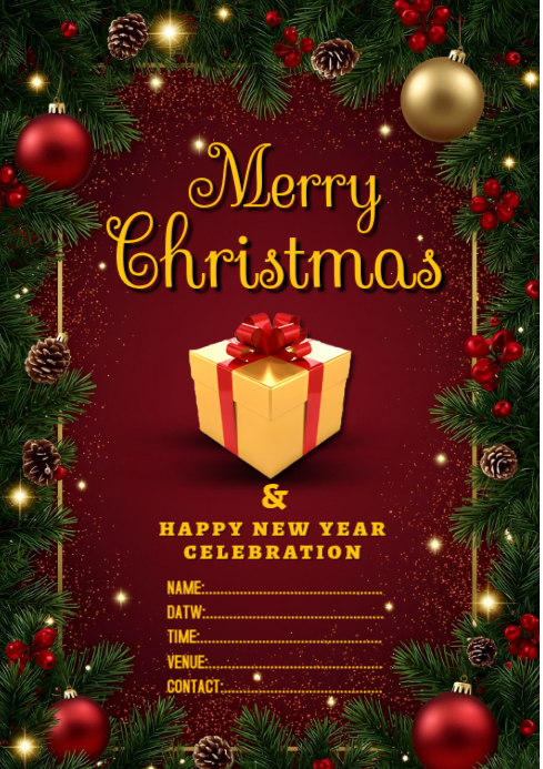 Red Maximalist Merry Christmas Celebration Card A4 Template | PosterMyWall