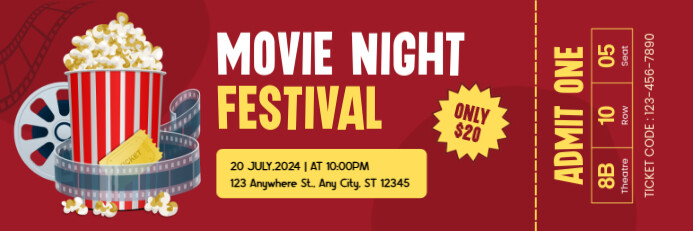 Red Maximalist Movie Night Ticket Banner 2' × 6' template