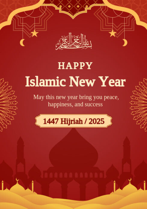 Red Maximalist Red And Gold Traditional Islamic New Year Greeting A4 Document A4 template
