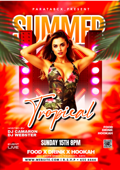Red Maximalist Summer Tropical Dj Party Invitation A3 template