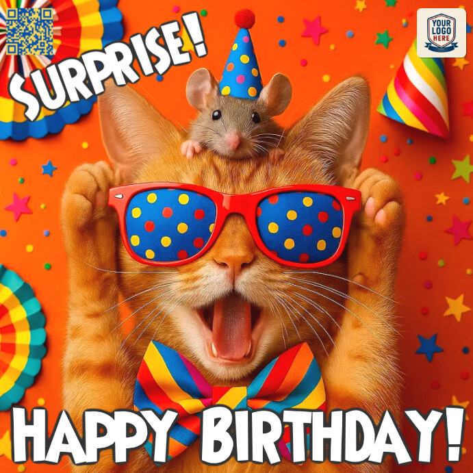 Red Maximalist Surprise Happy Birthday Cat & Mouse Funny Fun Orange Instagram Post Instagram-bericht template