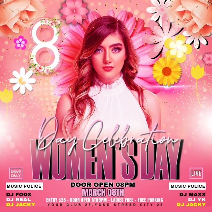 Red Maximalist Womens Day Celebration Party Flyer Square (1:1) Template ...