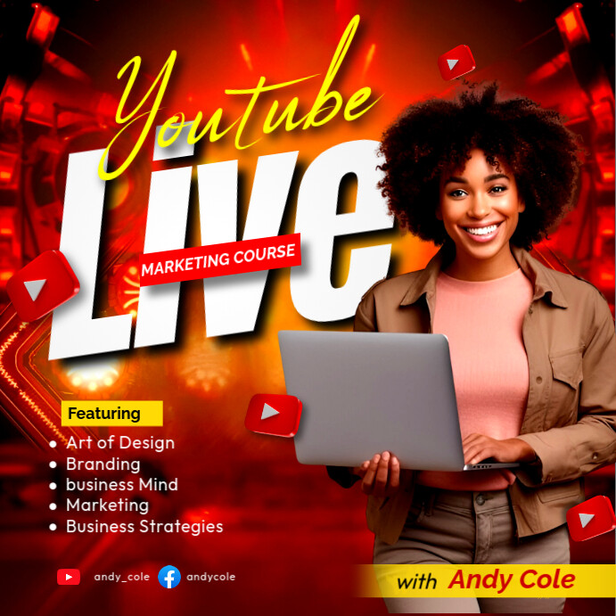 Red Maximalist Youtube Live Stream Online Marketing Course Advertisement Social Media Poster Design template