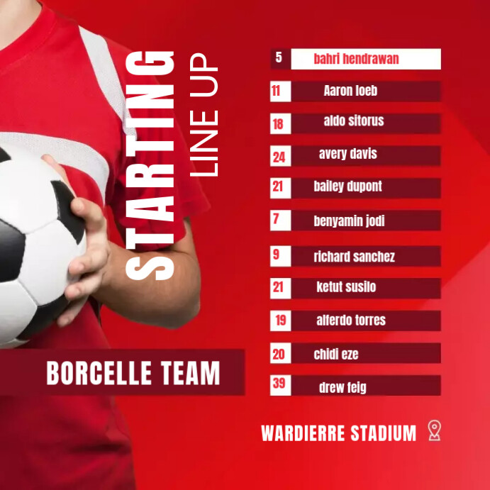 RED MINIMALIST FOOTBALL LINE UP INSTAGRAM POS Template | PosterMyWall