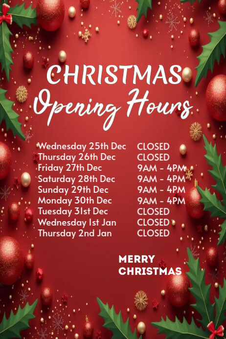 Red Modern & Minimal Christmas Opening Hours Template Poster | PosterMyWall