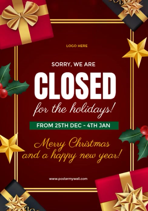 Red Modern & Minimal Closed Notice For Holidays A4 Template | PosterMyWall