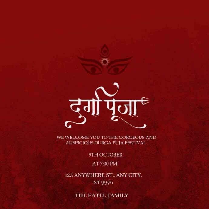 Red Modern & Minimal Durga Puja  Square (1:1) template