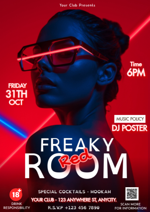 Red Modern & Minimal Freaky Red Room Night Party Invitation A4 Template ...