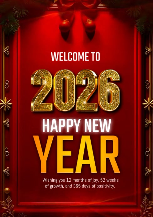 Red Modern & Minimal Happy New Year 2026 Template A5 | PosterMyWall