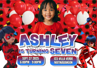 Red Modern & Minimal Miraculous Ladybug Birthday Invitation A5 template
