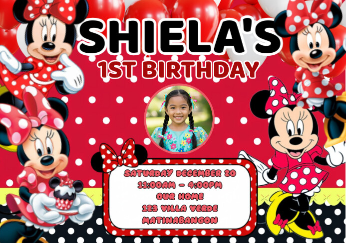 Red Modern & Minimal Red Minnie Mouse 1st Birthday Invitation A5 template