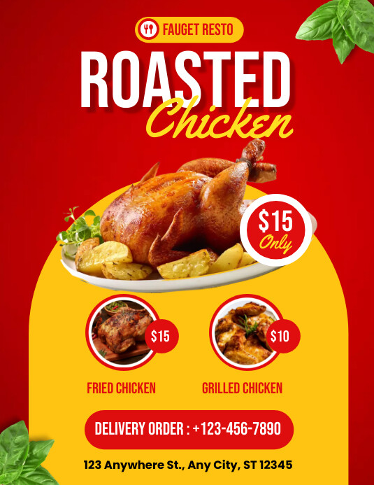 Red Modern & Minimal Roasted Chicken Pamflet Flyer (US Letter) template