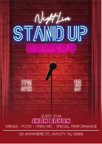 Red Modern & Minimal Stand Up Comedy Night Live A4 template
