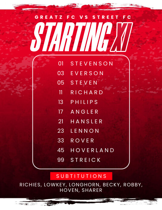 Red Modern & Minimal Starting Line Up Soccer Template | PosterMyWall