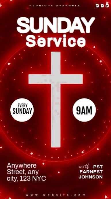 Red Modern & Minimal Sunday Service Video Template  Digital Display (9:16)