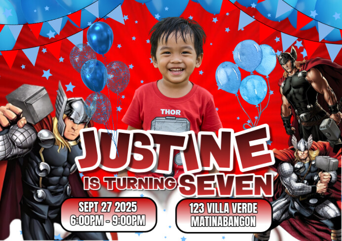 Red Modern & Minimal Thor Birthday Invitation A5 template