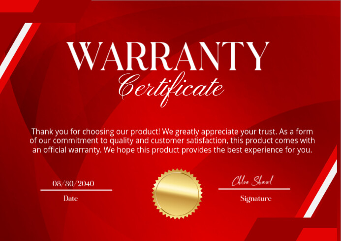 Red Modern & Minimal Warranty Certificate A4 template