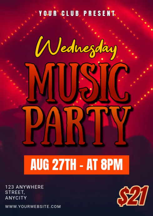 Red Modern & Minimal Wednesday Music Party A4 template