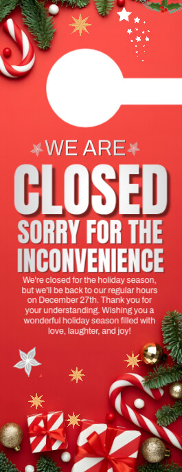 Red Modern & Minimal Closed For Christmas  Door Hanger Dørhænger template