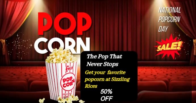 Red Modern & Minimal Pop Into Fun: National Popcorn Day Video Template Facebook Shared Image