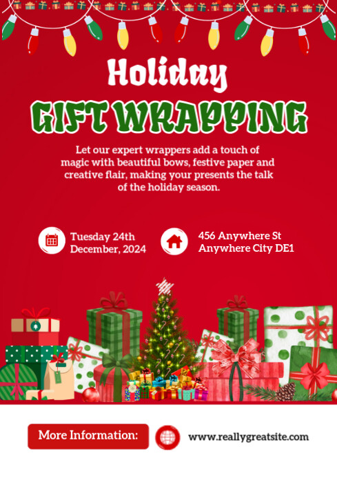 Red Modern & Minimal Red And Green Playful Holiday Gift Wrapping Flyer  A4 template