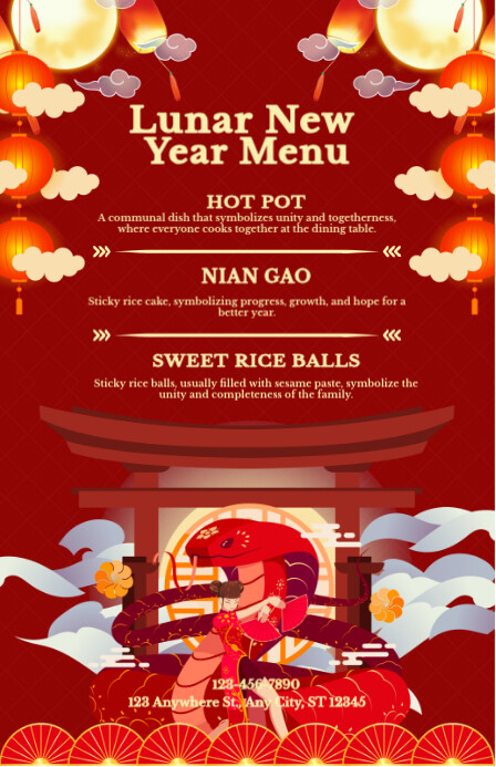 Red Modern & Minimal Red And White Illustrative Lunar New Year Menu Tabloid template