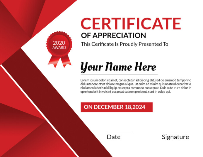 Red Modern Certificate of appreciation Template | PosterMyWall