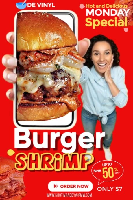 Red  Monday Special Menu - Shrimp Burger  Poster 海报 template