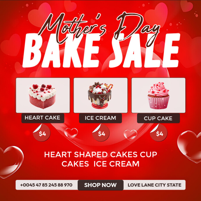 Red Mother’s Day Bake Sale Flyer Square (1:1) template